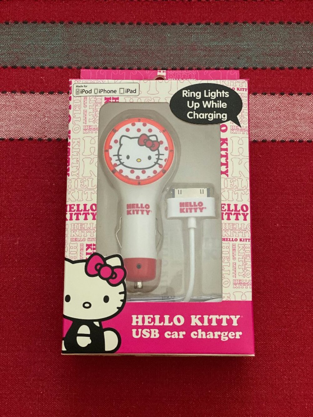 Hello Kitty USB Car Charger With Ring Light While Charge - iPod, iPhone, iPad